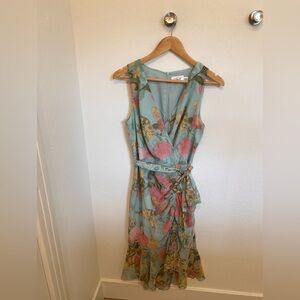 Eliza J Light Blue Floral Wrap Midi Dress with Pink Blossoms